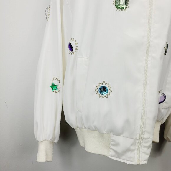 Minimalist Neutral White pearl embellished Embroidered Zip Up Jacket size M - Picture 8 of 15